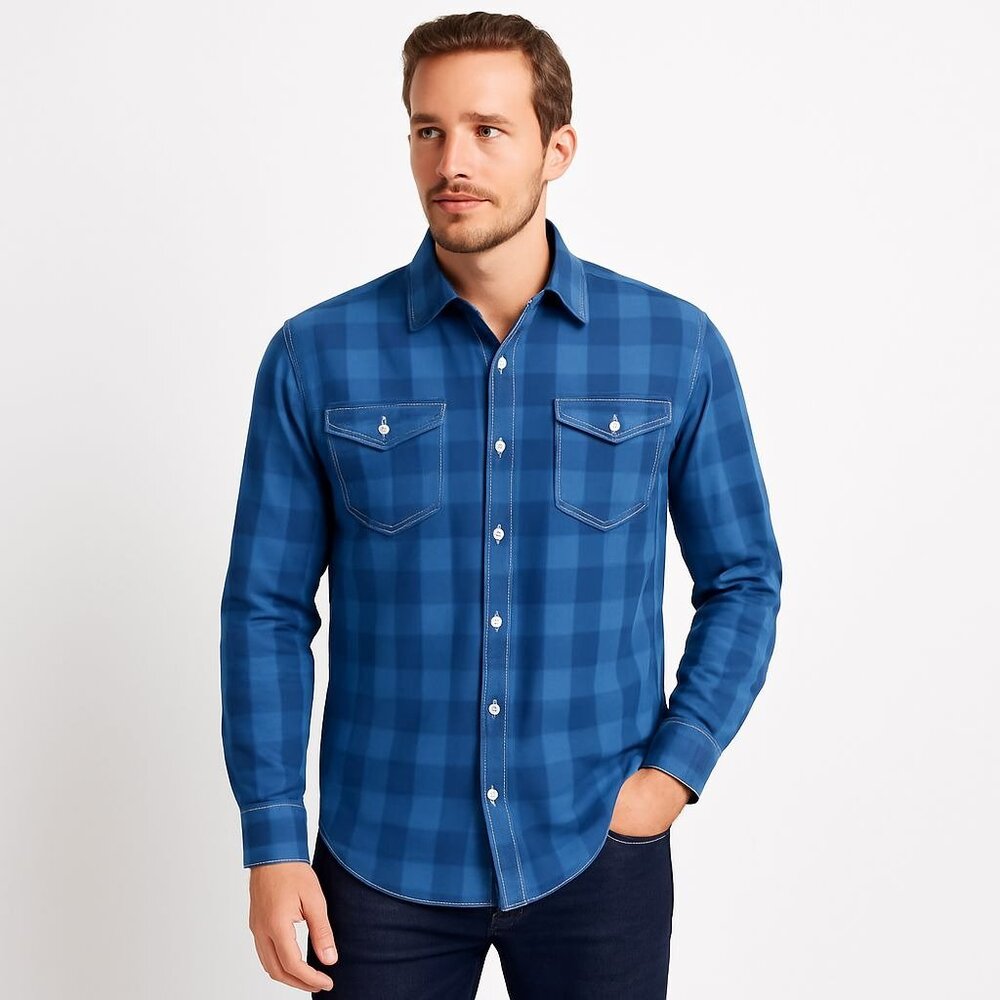 Johnston & Murphy Mens Pearl Snap Woven Shirt Slim Blue Plaid Long Sleeve Size L